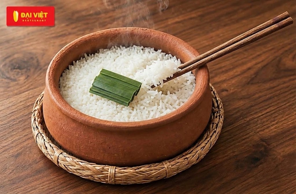 Bới cơm bằng đũa bếp để hạt cơm tơi, không bị nhão