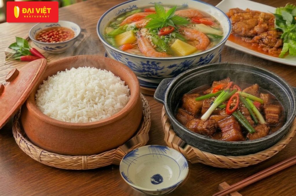 Mâm cơm niêu với heo kho tộ, canh chua và cá thu chiên sốt cà tại nhà hàng Đại Việt